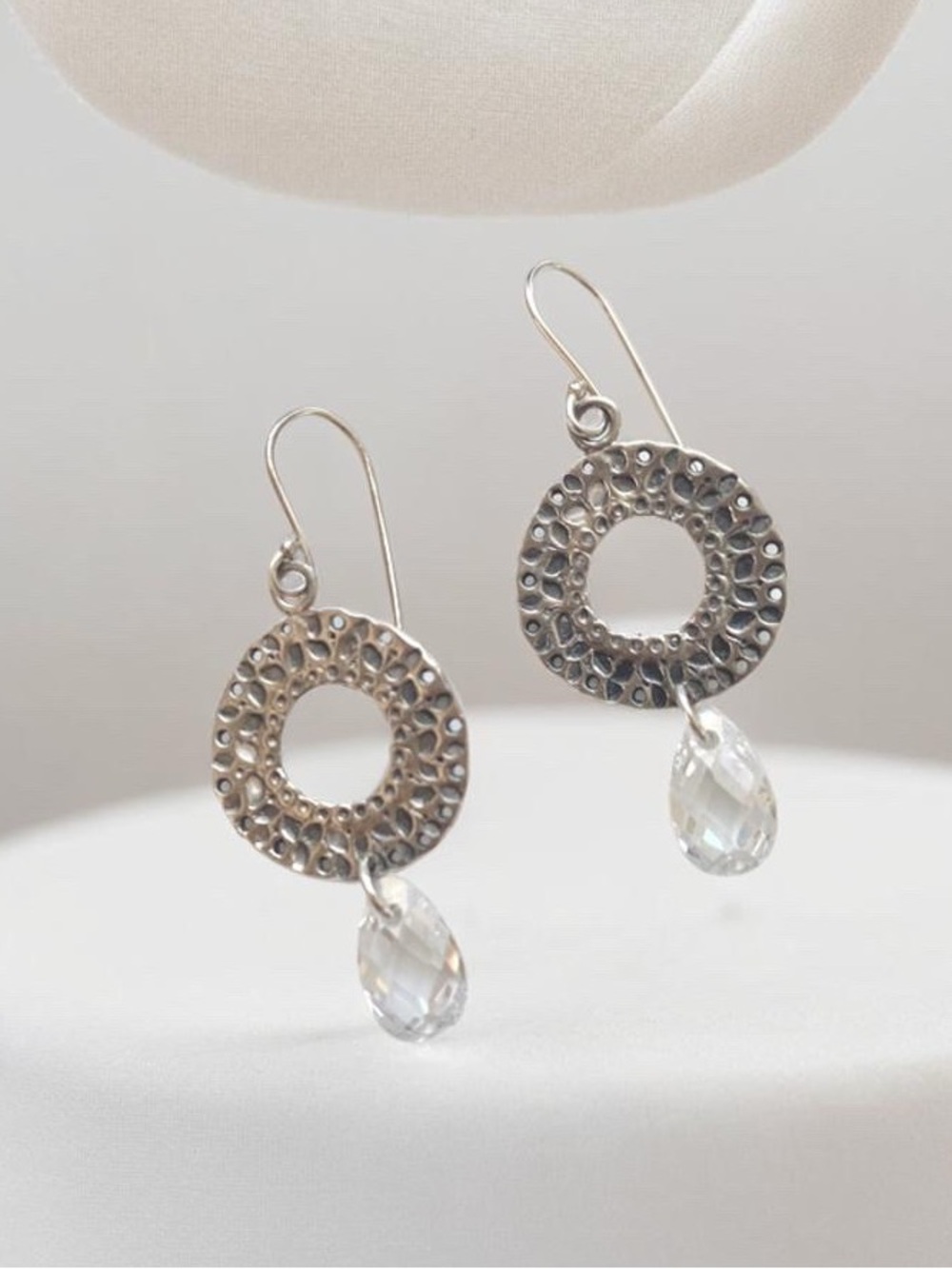 Silpada Sterling Silver Textured Hoop Drop Earrings with Clear Crystal W1520